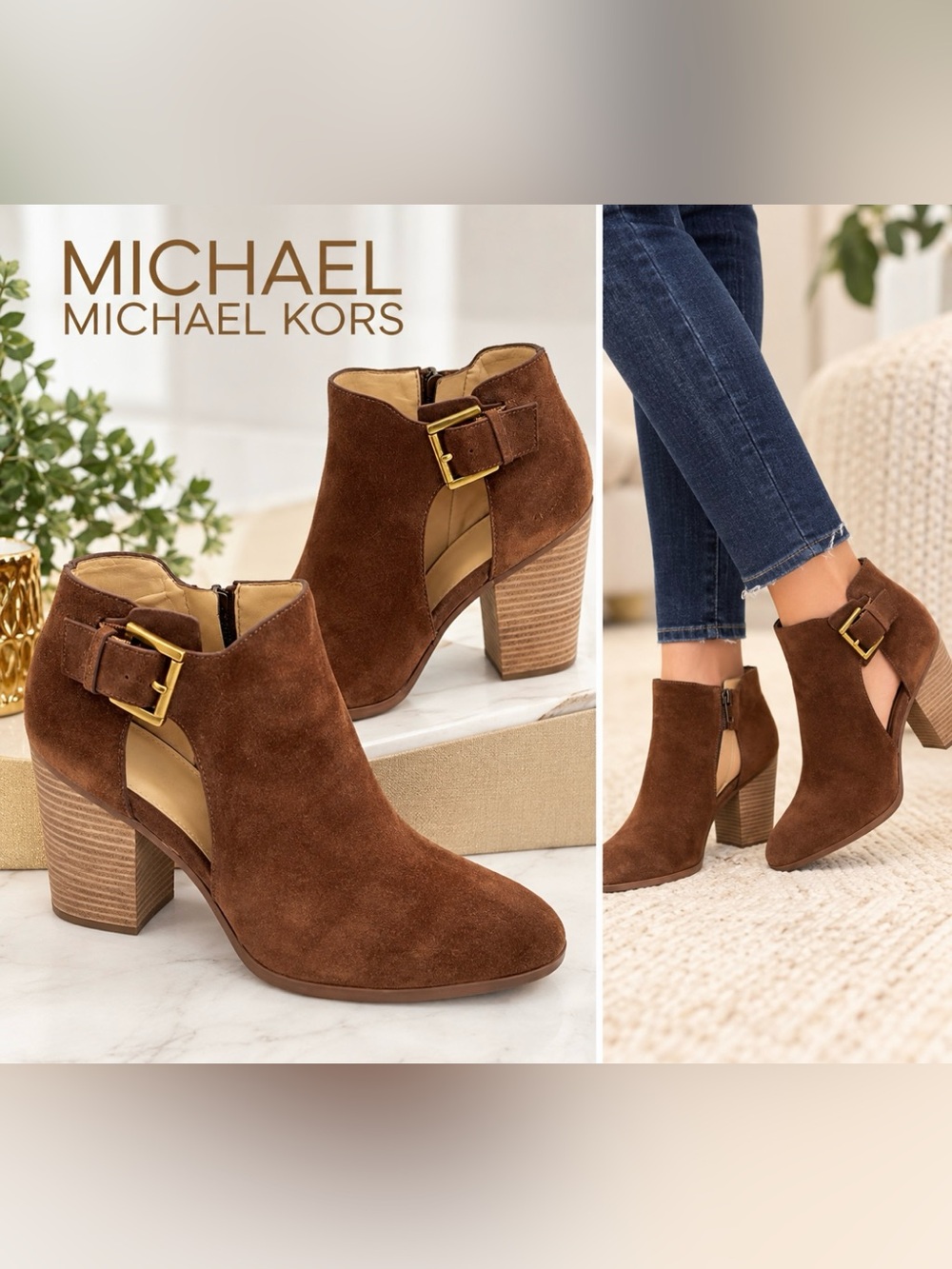 Michael Kors Women’s Brown Suede Cutout Ankle Booties with Buckle Size 9M
